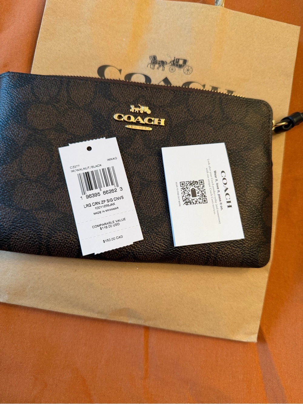 COACH womens Black Signature Zip Wallet Wristlet